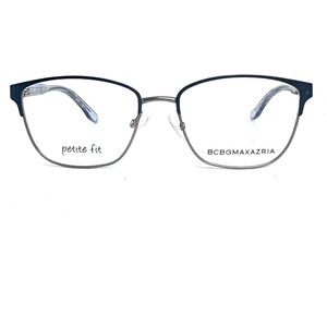 May include: Silver-toned eyeglasses with a black frame and clear lenses. The frame has a petite fit and the brand name "BCBGMAXAZRIA" is printed on the right lens.