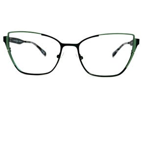 May include: Cat-eye eyeglasses with a black frame and green accents. The glasses have a sleek, modern design with clear lenses. The temples feature a subtle pattern. The overall aesthetic is stylish and sophisticated.