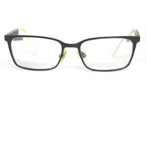 May include: Black rectangular eyeglasses with clear lenses. The frames are black with cream-coloured temples. The glasses have a classic, minimalist design, suitable for everyday use.