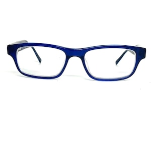 May include: Blue rectangular eyeglasses with a clear lens.
