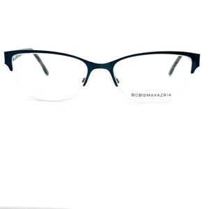 May include: Black half-rim eyeglasses with a thin frame and clear lenses. The glasses have a subtle cat-eye shape and the brand name "BCBGMAXAZRIA" is printed on the right lens. The glasses are set against a white background.