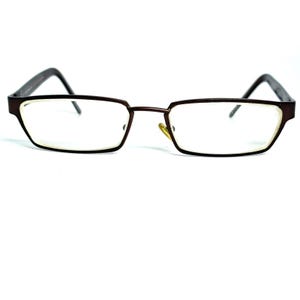 May include: A pair of rectangular eyeglasses featuring a dark brown frame with a thin, light-colored inner rim. The glasses have clear lenses, a thin bridge connecting the two frames, and dark brown temples that curve at the ends for support.