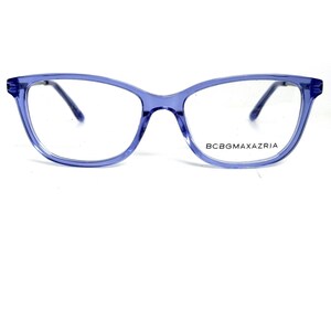 May include: A pair of light blue BCBGMAXAZRIA eyeglasses with a cat-eye frame. The glasses have a transparent frame and dark temples. The brand name is printed on the right lens.