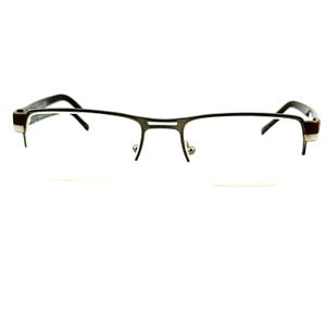 Pode incluir: Um par de óculos de metal marrom com um design de meia armação e lentes transparentes.