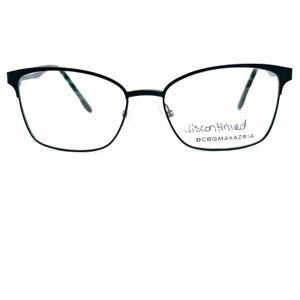 May include: Black metal-framed eyeglasses with a cat-eye shape. The lenses are clear, and the right lens has the word "discontinued" and "BCBGMAXAZRIA" printed on it. The glasses are set against a white background.