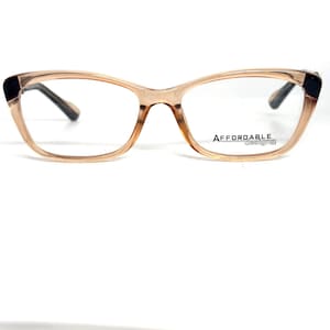 May include: A pair of brown cat-eye eyeglasses with black arms. The brand name "AFFORDABLE designs" is printed on the right arm.