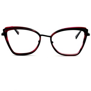 May include: A pair of red cat-eye glasses with black metal arms.