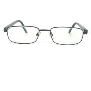 May include: Rectangular eyeglasses with a black metal frame. The lenses are clear, and the temples are also black. The glasses are set against a white background.