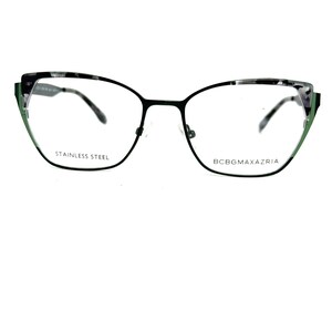 May include: Black stainless steel eyeglasses with a cat-eye shape. The frames have a green accent on the outer edges and a marbled pattern on the upper corners. The text "STAINLESS STEEL" and "BCBGMAXAZRIA" are visible.