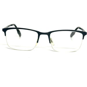 May include: Semi-rimless spectacles featuring a matte black metal frame across the top of the lenses. The design includes a thin bridge, adjustable nose pads, and slender temples that curve at the ends. The lenses are clear and rectangular.