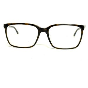 May include: Full-rim eyeglasses featuring a rectangular frame with a brown and black tortoiseshell pattern. The glasses have clear lenses and a thin bridge connecting the two rims, with slender temples extending from the outer corners of the frame.