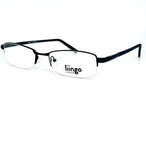 May include: Black half-rim rectangular eyeglasses with clear lenses. The brand name "liingo EYEWEAR" is printed on the right lens.