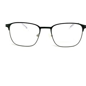 May include: Black metal-framed eyeglasses with a square shape. The glasses have clear lenses and a thin frame. The nose bridge and temples are also black. The overall design is minimalist and modern.