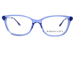 May include: A pair of light blue eyeglasses with a cat-eye frame. The glasses have clear lenses and thin, dark temples. The brand name "BCBGMAXAZRIA" is printed on the right lens.