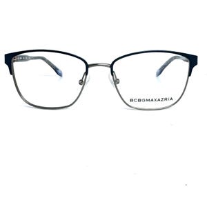 May include: A pair of BCBGMAXAZRIA eyeglasses with a black and silver frame. The glasses have a semi-rimless design with a thin silver metal frame and black accents on the upper corners. The brand name is printed on the lower right lens.