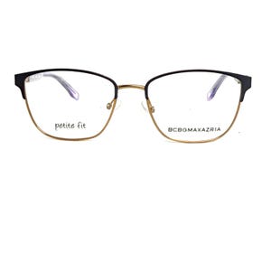 May include: BCBGMAXAZRIA petite fit eyeglasses with a black upper frame and gold lower frame. The glasses have a rounded shape and clear lenses. The text "petite fit" is printed on the left lens and "BCBGMAXAZRIA" on the right lens.