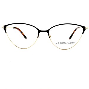 May include: Black cat-eye eyeglasses with a gold metal frame and clear lenses. The brand name "BCBGMAXAZRIA" is printed on the right lens.