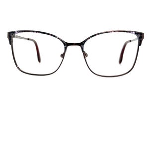 May include: Eyeglasses with a dark patterned frame and burgundy temples. The lenses are clear, and the frame has a subtle cat-eye shape. The glasses are set against a white background.