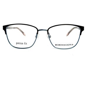 May include: Black and teal-rimmed eyeglasses with a petite fit design. The glasses have a thin metal frame and the brand name BCBGMAXAZRIA is printed on the lower right lens. The text "petite fit" is printed on the left lens.