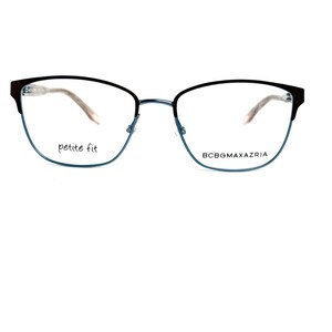 May include: Black and blue petite fit eyeglasses with a cat-eye shape. The frames have a thin, blue rim and black upper frame. The brand name BCBGMAXAZRIA is printed on the right lens.