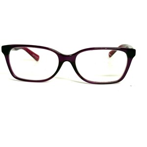 May include: Full-rim eyeglasses featuring a deep purple frame with a glossy finish. The rectangular lenses are clear, and the frame includes a bridge and two temples that extend outward, showing a contrasting dark interior lining on the temple tips.