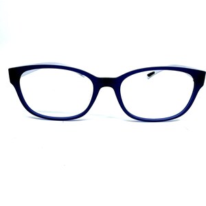 May include: A pair of blue-rimmed eyeglasses with a clear lens.