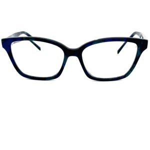 May include: Blue and green tortoiseshell eyeglasses with a cat-eye frame.