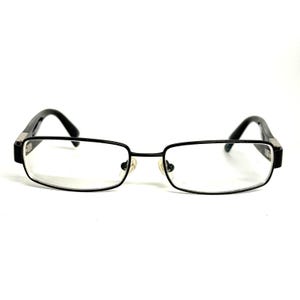 May include: A pair of rectangular eyeglasses featuring a thin black metal frame. The temples are black with silver-toned metallic accents at the hinges. The nose pads are clear and adjustable, and the lenses are transparent and clear.
