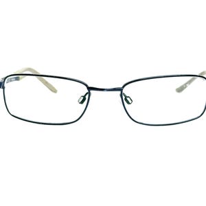 May include: Rectangular eyeglasses with a dark blue metal frame and clear lenses. The temples are a light beige color. The glasses are designed for vision correction.