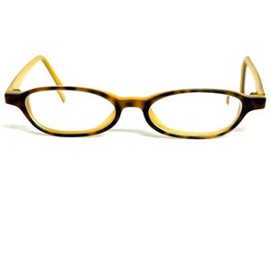 May include: Oval-shaped eyeglasses featuring a brown and tan tortoiseshell pattern on the front frames and temples. The glasses have a thin, lightweight construction with a classic bridge design and clear lenses, providing a simple and functional look.