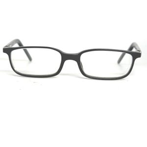 May include: Black rectangular eyeglasses with clear lenses. The frames are a matte black and have a classic, understated design. The glasses are set against a white background.