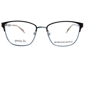 May include: A pair of brown and silver eyeglasses with a petite fit. The brand name BCBGMAXAZRIA is printed on the right lens.