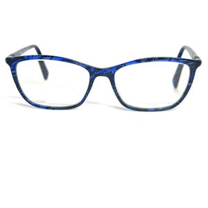 May include: Blue and black patterned eyeglasses with a rectangular frame.