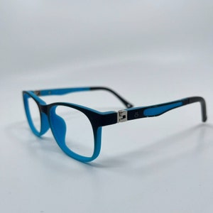 May include: Black and blue plastic framed spectacles with a silver hinge detail.