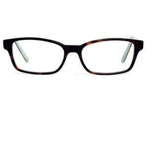 May include: Eyeglasses with a dark brown tortoiseshell pattern frame. The rectangular frames have clear lenses and light green temples. The glasses are set against a white background.