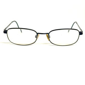 May include: A pair of eyeglasses with a thin, dark navy blue metal frame and clear lenses. The rectangular frames feature adjustable nose pads and slender temples that curve slightly at the ends, providing a simple and functional design.