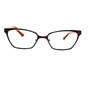 May include: A pair of brown cat-eye glasses with clear lenses.