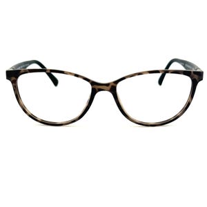 May include: Cat-eye eyeglasses with a leopard print pattern. The frames are a mix of brown and black, with a sleek, modern design. The lenses are clear, and the temples are black.
