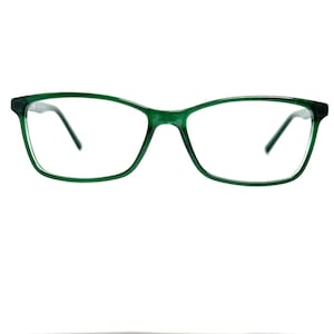 May include: A pair of green-framed eyeglasses with rectangular lenses. The frames are a solid, glossy green, and the temples are thin and dark. The glasses are set against a plain white background.