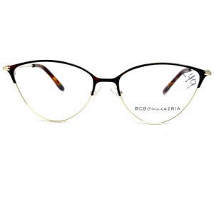 May include: Cat-eye eyeglasses with a gold-tone lower rim and dark brown upper frame. The temples have a tortoiseshell pattern. The brand name, BCBGMAXAZRIA, is printed on the lower right lens.