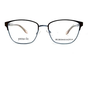May include: A pair of petite fit eyeglasses with a black and blue frame. The glasses have a thin, delicate design with clear lenses. The brand name BCBGMAXAZRIA is printed on the right lens.