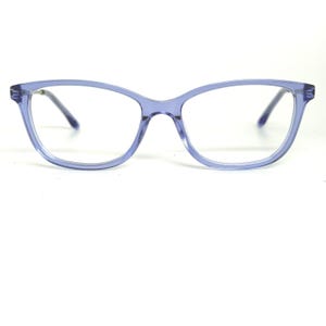 May include: A pair of light purple eyeglasses with a cat-eye frame. The glasses have clear lenses and thin, dark temples. The frame is made of a translucent material, and the overall design is modern and stylish.