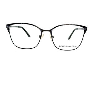 May include: Black and gray eyeglasses with a cat-eye shape. The frames have a thin, delicate design with the brand name BCBGMAXAZRIA printed on the lower right lens.