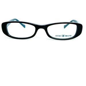 May include: Black rectangular eyeglasses with a rounded shape. The frames are thick and glossy, with the brand name "LUCKY BRAND" printed on the right lens. The temples are a dark blue colour.