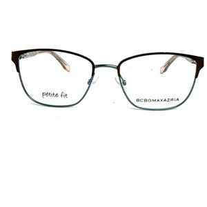 May include: Petite fit eyeglasses with a black and teal frame. The glasses have a cat-eye shape with the text "petite fit" on the left lens and "BCBGMAXAZRIA" on the right lens.