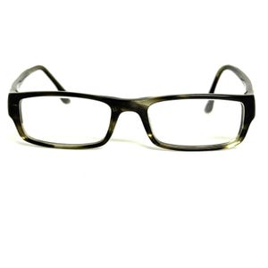 May include: Rectangular eyeglasses featuring a dark, mottled tortoiseshell pattern in shades of black, brown, and translucent olive green. The frames have a smooth, polished finish with clear lenses and curved temple arms extending from the sides.