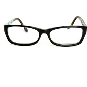 May include: Rectangular eyeglasses with a glossy black frame front and clear lenses. The temples feature a multi-colored pattern with shades of blue, green, and brown visible on the inner side, connected by a thin bridge and curved temple tips.
