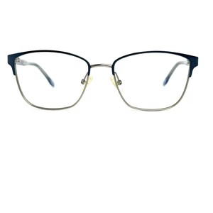May include: Eyeglasses with a cat-eye shape. The frames are a combination of navy blue and silver. The lenses are clear. The glasses have a modern and stylish design.
