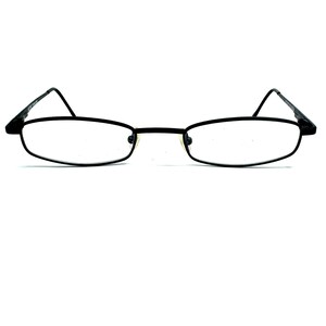 May include: Black metal frame eyeglasses with a rectangular lens shape.