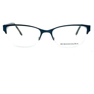 May include: Dark navy blue half-rim eyeglasses with a subtle cat-eye shape. The frames have a sleek, modern design with the brand name BCBGMAXAZRIA printed on the lens. The glasses are set against a white background.